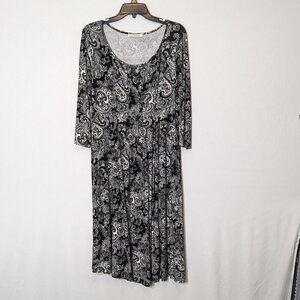 BAISHENGGT, Black/White Paisley, 3/4 Sleeve Midi Stretch Sheath Dress; Size L